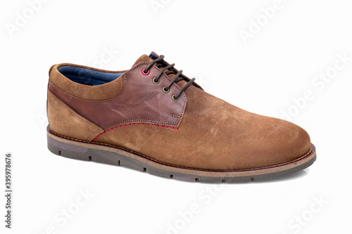 Male brown leather shoes on white background, isolated product, Studio.