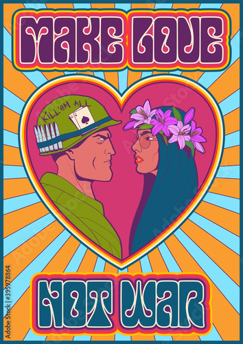 Make love not war, Soldier and Hippie Girl Psychedelic Art Style Poster