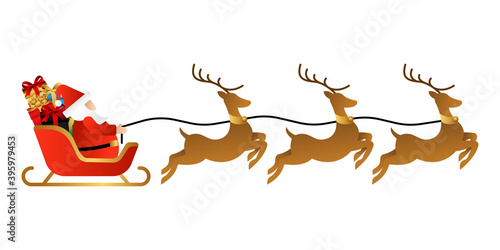 Santa Claus on a sleigh with reindeer vector illustration isolated on white background. Christmas Santa Claus in trendy flat design style. Santa Claus vector design for Christmas decoration elements