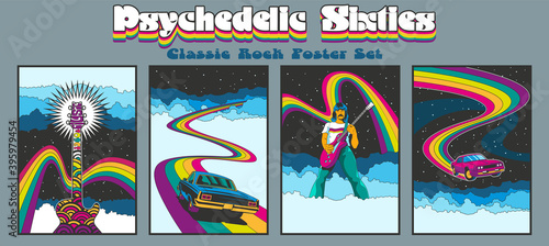 1960s Rock Music Posters, Album Covers Stylization, Guitarist, Muscle Car, Guitar, Rainbows and Skies