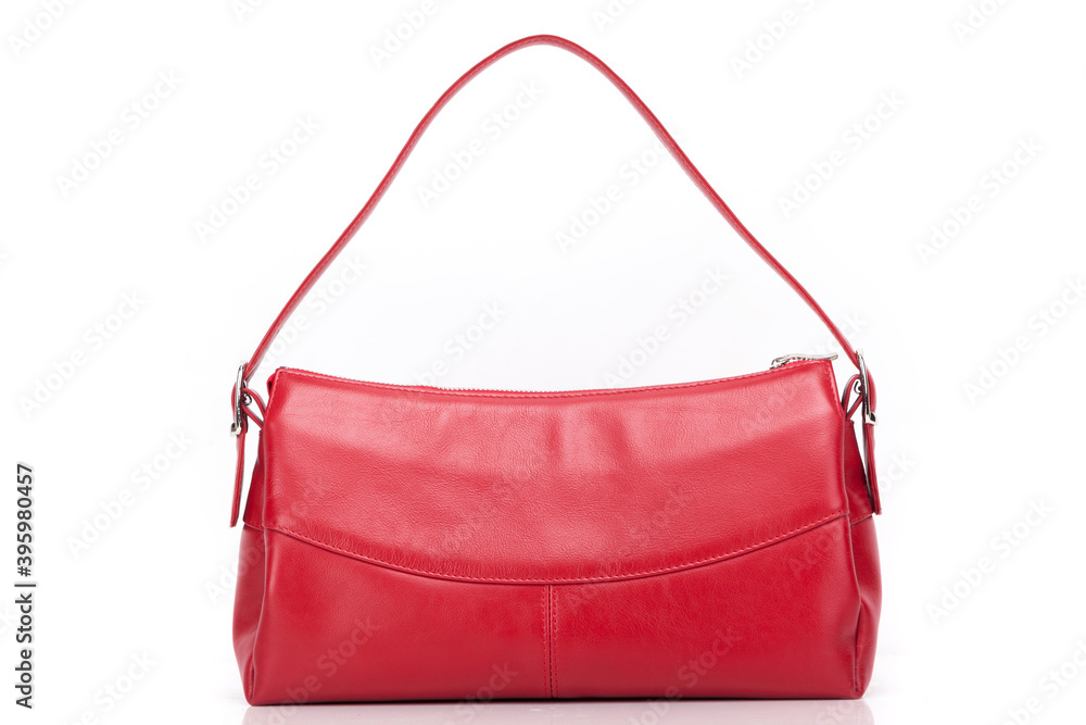red stylish ladies leather bag on a white background, back view red stylish ladies leather bag on a white background, back view