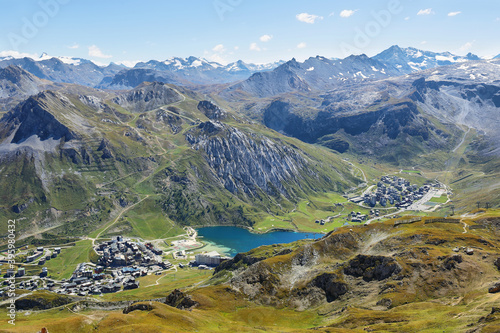 View of Tignes, Tignes lake and Val d'Iisere, France photo