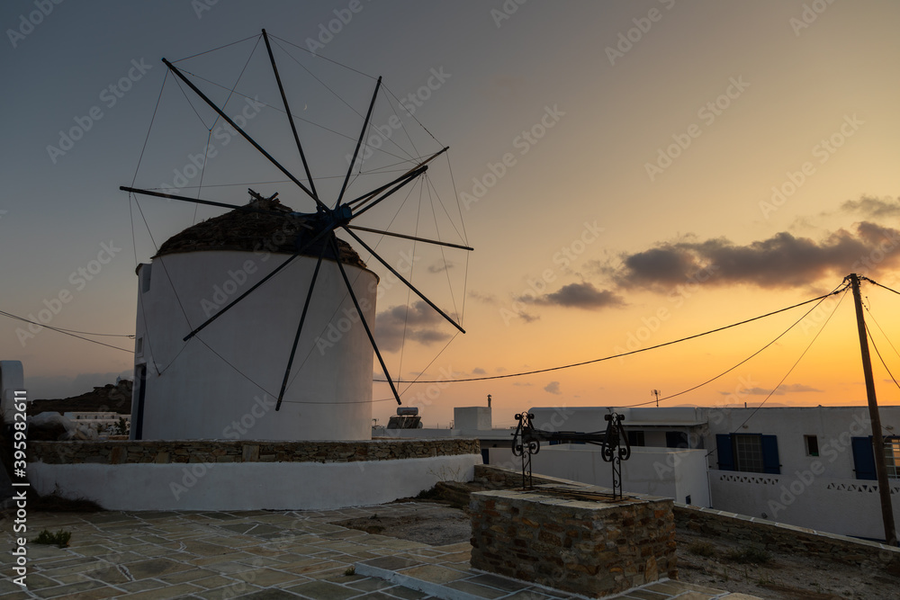 Traditional windmills in Chora, Ios Island, Greece.