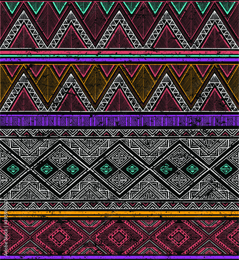 retro colored tribal vector seamless pattern. aztec fancy abstract geometric art print. ethnic background. doodle hand drawn. Wallpaper, cloth design, fabric, tissue, textile template. Aging effect