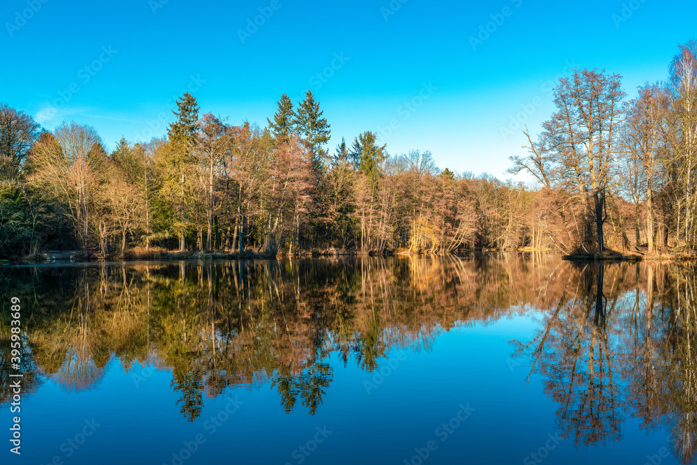 The Muehlenteich lake at castle Dammsmuehle on a bright winter day