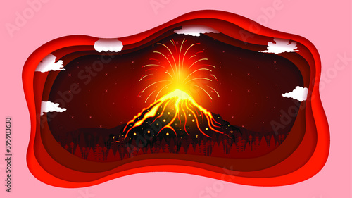 Abstract Paper Cut Sky Night Background With Volcano Lava Fire Flame Eruption Clouds Midnight Vector Style