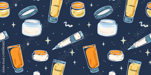 Seamless pattern of bottles with cosmetic creams on a dark blue background. Doodle style.