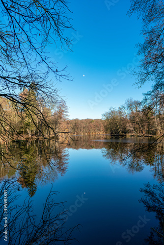 The Muehlenteich lake at castle Dammsmuehle on a bright winter day with the moon reflecting on water © Ina