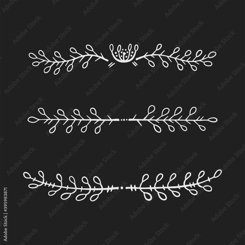 A set of delimiter lines for text decoration. Design elements in doodle style. Natural style, branches, plants. White chalk outline on a black background. A set of delimiter lines for text decoration. Design elements in doodle style. Natural style, branches, plants. White chalk outline on a black background.