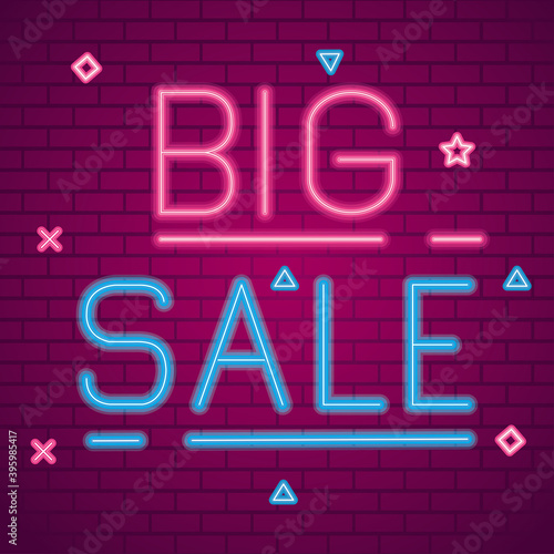 big sale neon design on bricks background, offer ecommerce shopping online theme Vector illustration