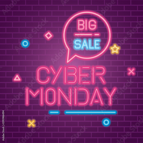 cyber monday and big sale neon design on bricks background, offer ecommerce shopping online theme Vector illustration
