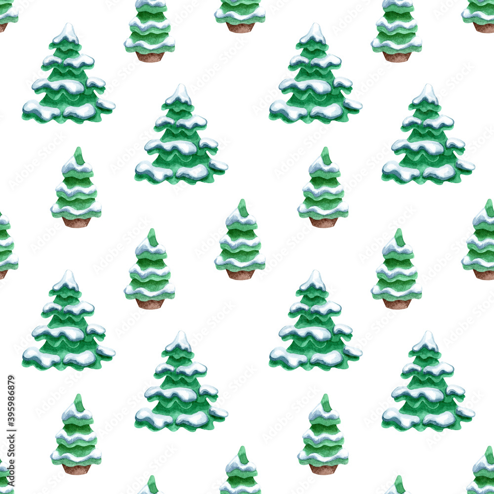 Seamless pattern of snow covered green fir trees. Christmas and New Year design. Hand drawn watercolor illustration on white background.
