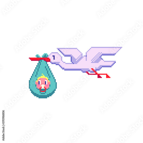 Stork with newborn. Pixel art style. Vector illustration