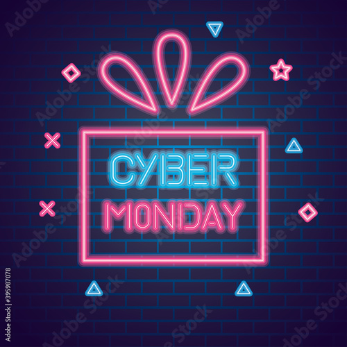 cyber monday with gift neon design on bricks background, sale offer ecommerce shopping online theme Vector illustration
