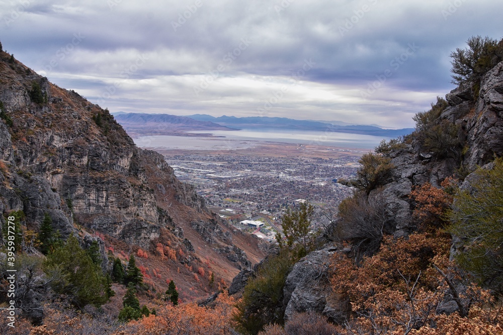 Slide Canyon views from hiking trail fall leaves mountain landscape, Y Trail, Provo Peak, Slate Canyon, Rock Canyon, Wasatch Rocky mountain Range, Utah, United States. 