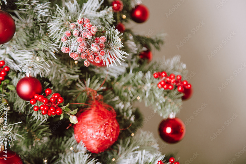 Christmas Tree with Red Balls and Stars. Winter Holiday Background. Christmas Tree with Red Balls and Stars. Winter Holiday Background.