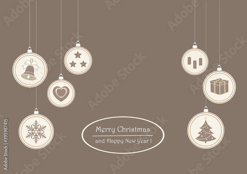 Happy New Year 2021. Christmas background with elements of holiday decorations. New Year s symbols on a beige background  with wishes. Vector illustration