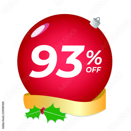 93% off. Ninety-three percent discount. Christmas sale banner. Red bubble with ornaments on a white background vector.