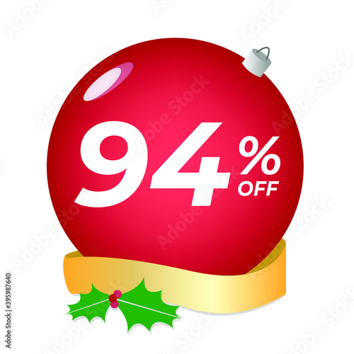 94% off. Ninety-four percent discount. Christmas sale banner. Red bubble with ornaments on a white background vector.