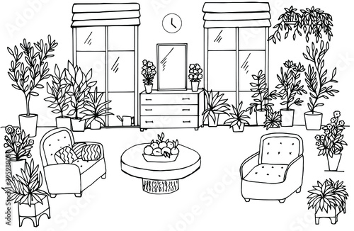 Coloring book with many colors in the living room with furniture. Vector illustration with a winter garden. Suitable for background, book, poster, game, creativity.