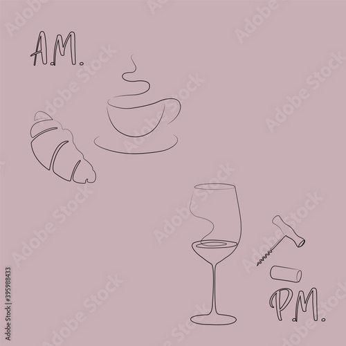 Illustration, card sticker advertising for offer with coffee cup and glass of wine icons am and pm