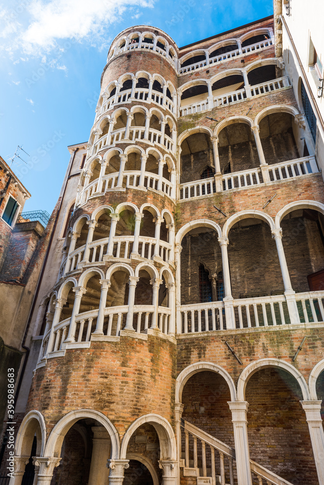 Scala Contarini del Bovolo in Venice. The Palazzo Contarini del Bovolo is a small palazzo known with spiral staircases. Venice, Italy.