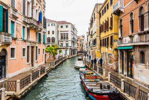 Venice canal and traditional colorful Venetian houses view. Classical Venice skyline. Venice  Italy.