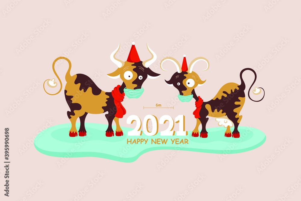 Fototapeta premium Cute cows with big eyes in a Santa Claus hat, symbol of 2021. Happy new year 2021.Bulls with protective masksFlat cartoon vector illustration 