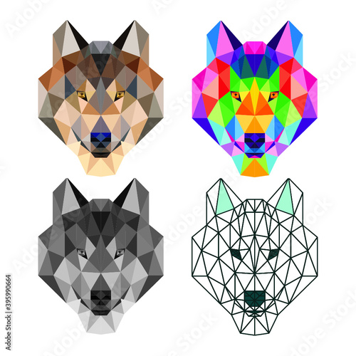 wolf head set head low poly geometric polygonal triangle logo icon symbol design template