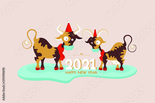 Cute cows with big eyes in a Santa Claus hat  symbol of 2021. Happy new year 2021.Bulls with protective masksFlat cartoon vector illustration 