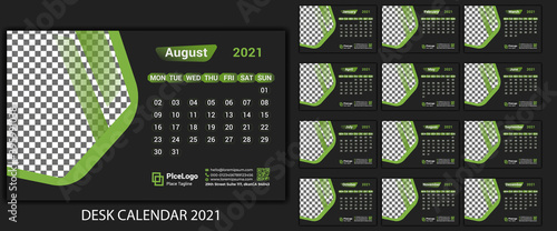 Corporate desk calendar 2021 template design in light green included 12 months and week start from monday in a5 size for office and home year calendar 2021