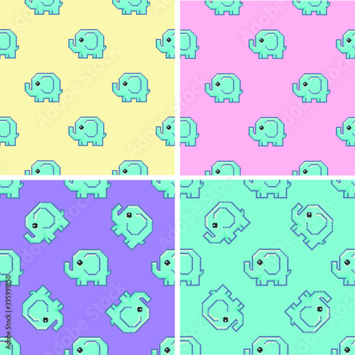 Cute set of baby seamless patterns with elephants. Pixel art vector illustration