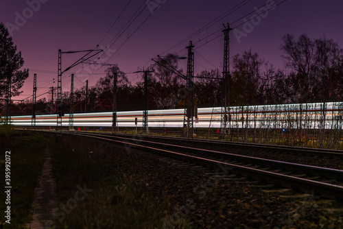 Light trails from a train, railroad tracks at night, Light Trails, Train, abstract, colorful