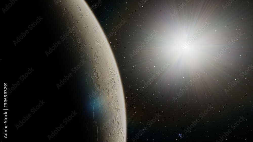 Mars red planet black background, planet Mars in the Starry Sky of Solar System in Space, science fiction illustration 3d render