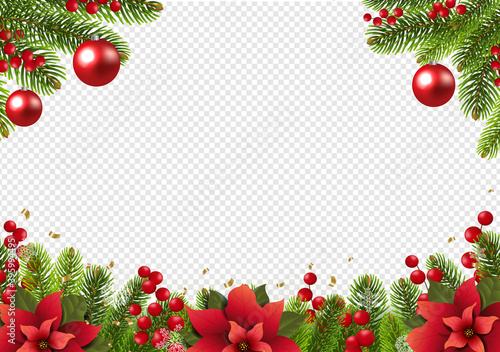 Christmas Postcard With Poinsettia Border With Holly Berry Transparent Background With Gradient Mesh, Vector Illustration