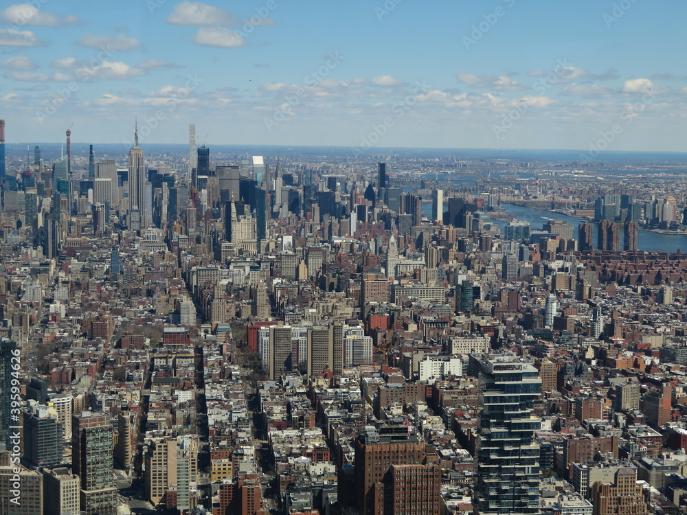Aerial view of building in new york city from one world trade building.