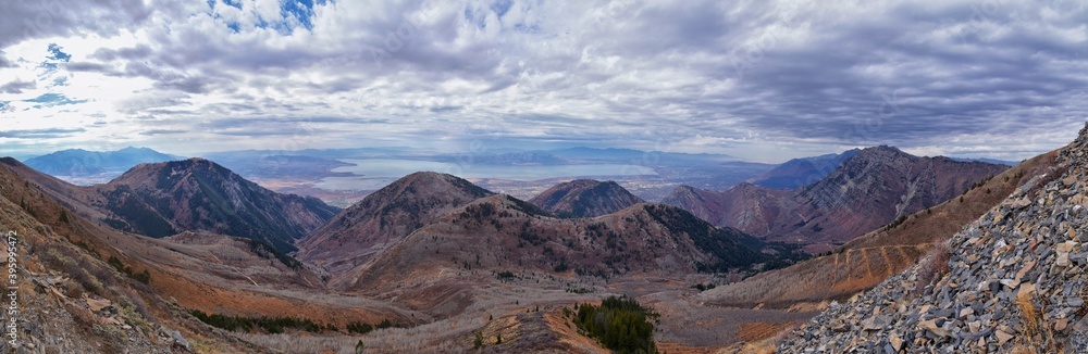 Provo Peak views from top mountain landscape scenes, by Provo, Slide Canyon, Slate Canyon and Rock Canyon, Wasatch Front Rocky Mountain Range, Utah. United States. 