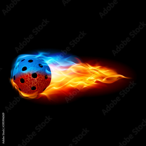 Flying Florball-Ball in Blue and Red Burning Flames on the Black Background. Professional Sports Equipment and Object. Conceptual 3D illustration for Logo the Team and the Cup