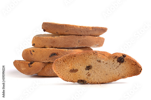 crumb - dried bread with raisins on white background