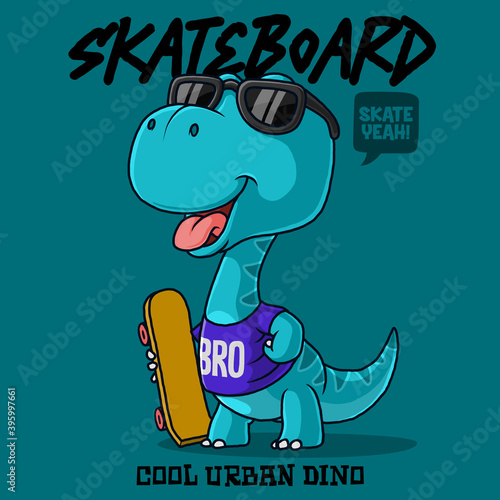 Dinosaur carrying a skateboard. t-shirt design.