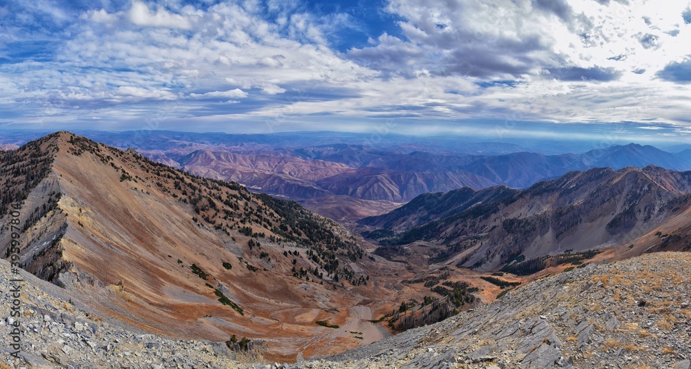 Fototapeta premium Provo Peak views from top mountain landscape scenes, by Provo, Slide Canyon, Slate Canyon and Rock Canyon, Wasatch Front Rocky Mountain Range, Utah. United States. 