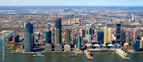 Photography Jersey City modern skyscrapers skyline including from New York Harbor near New York City NYC, New Jersey NJ, USA