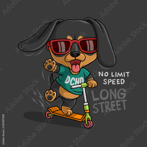 Cute cartoon dachshund riding scooter.  t-shirt design.