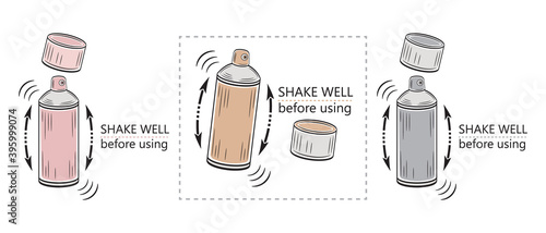 Shake well before using icon set. Spray bottle or aerosol with direction arrows. Liquid that requires shaking. Label packaging of paint, air freshener, cosmetics, household chemicals products. Vector