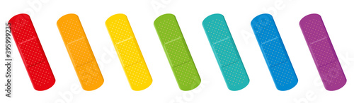 Plaster set. Colorful collection with seven different colors - red, orange, yellow, green, cyan, blue and purple adhesive plasters. Isolated vector illustration on white background.

