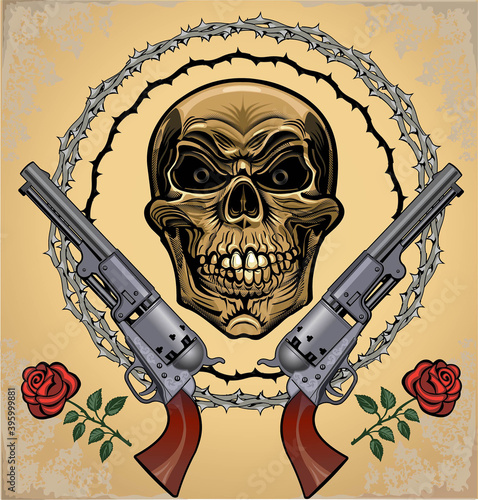 Vintage label. Skull and Pistols