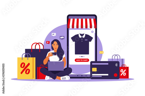 Woman online shopping. Black friday. Pay with credit card. Sale. Modern concept for web. Vector illustration. Flat style.