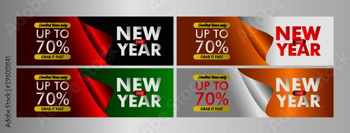 new year sale up to 70% event text label on black background vector design illustration.