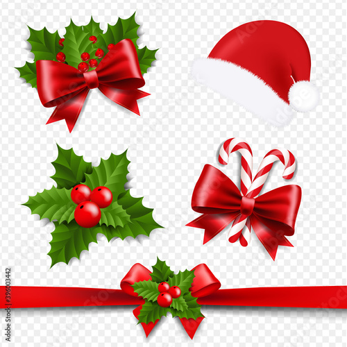 Xmas Ribbon Bow And Holly Berry Set transparent Background With Gradient Mesh, Vector Illustration
