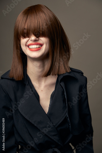 Isolated background pretty brunette Light skin suit outerwear